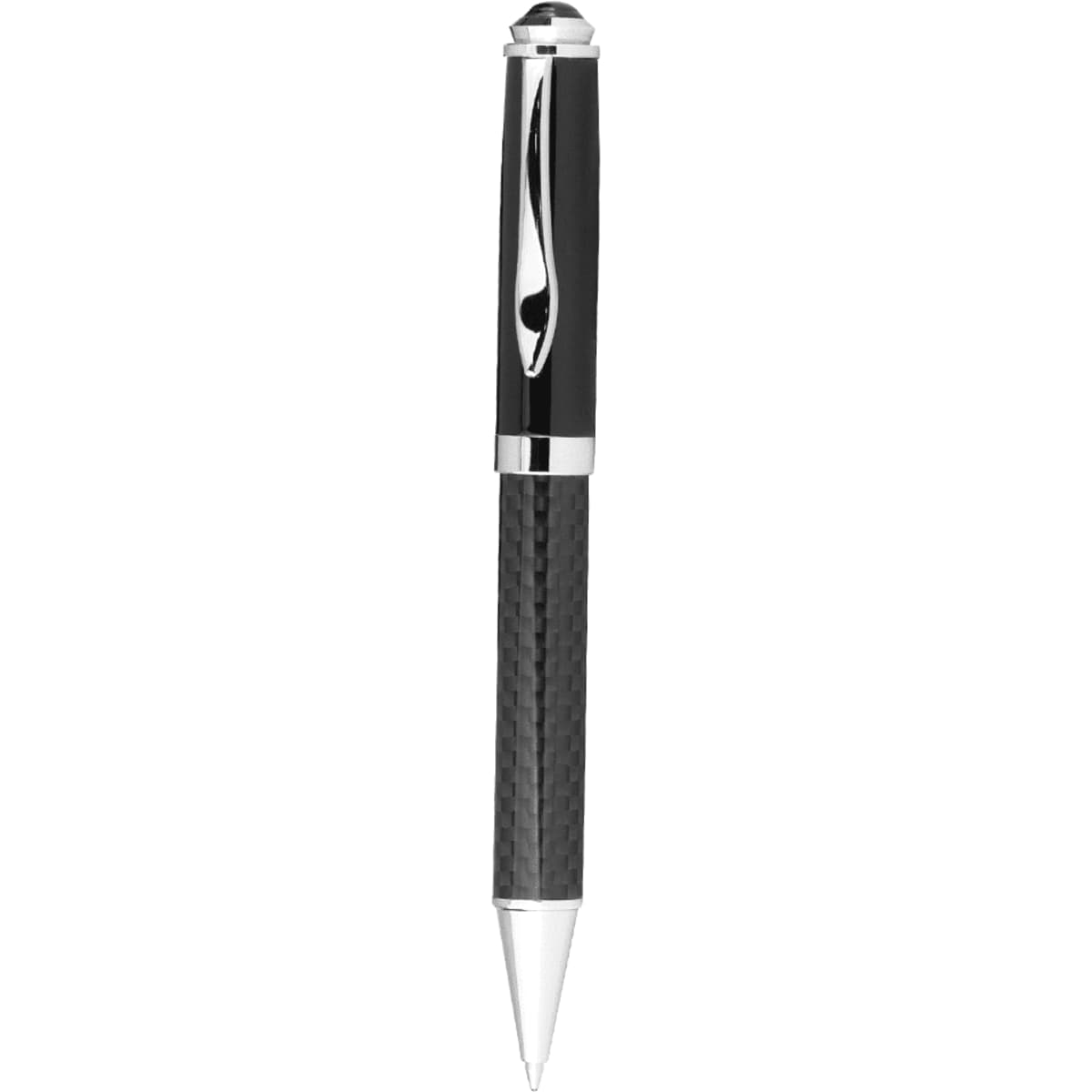 A black carbon fibre ballpoint pen with silver accents and a polished clip, featuring a logo.