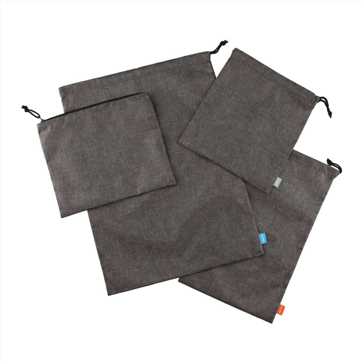 A set of four grey recycled clean bags featuring drawstring closures and a variety of sizes.