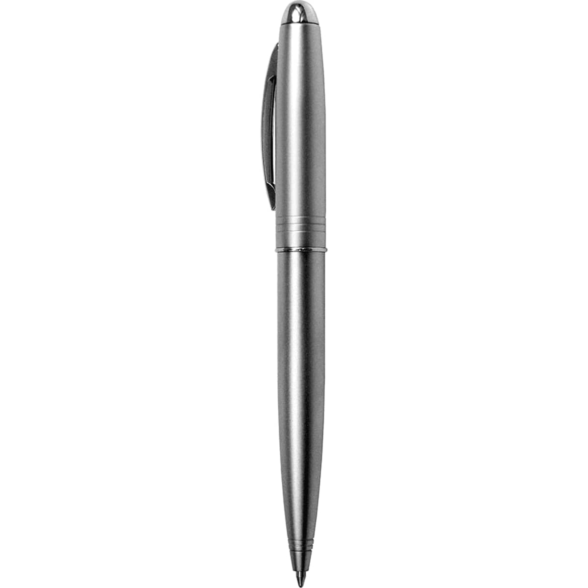 A silver metal ballpoint pen with a sleek design and a clip, featuring a branding logo.
