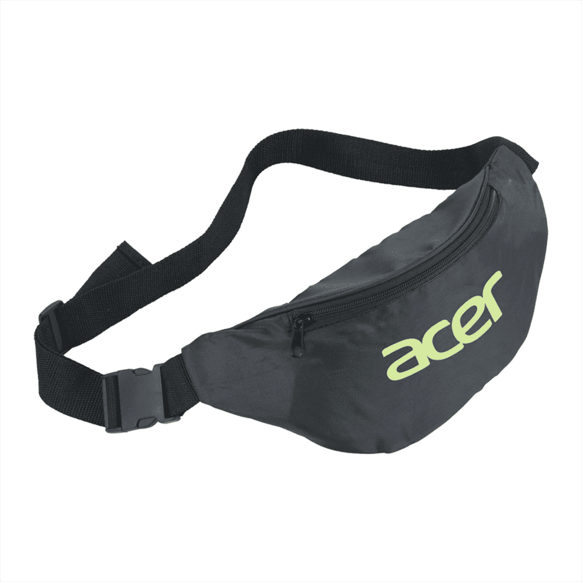 A black bum bag with a zippered compartment and an adjustable strap, featuring a logo on the front.
