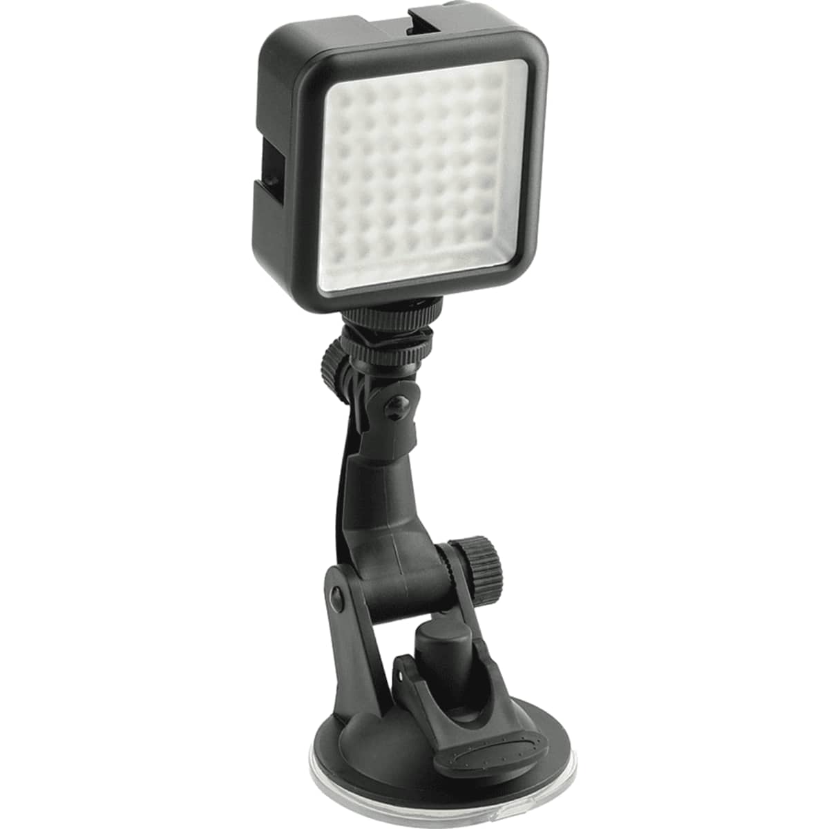 A black portable video light with a square head and adjustable arm, featuring a suction cup base for mounting.