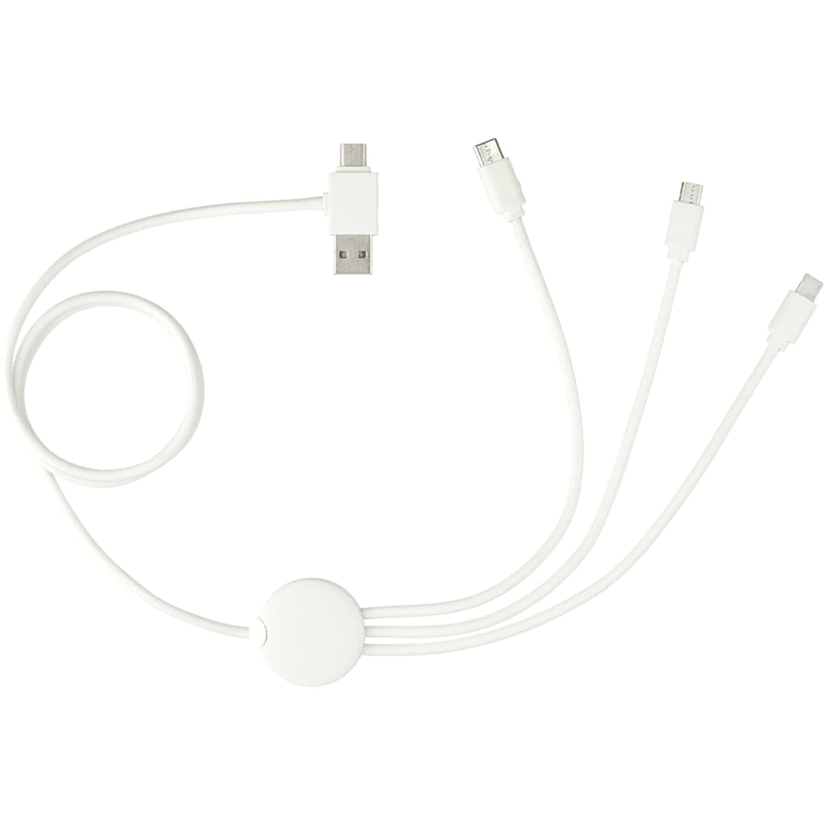 A white 5-in-1 charging cable featuring multiple connectors and a circular attachment, designed for various devices.