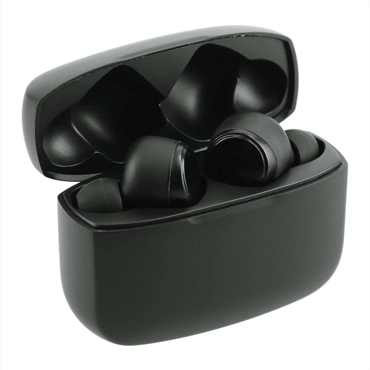 True wireless earbuds in a black charging case, featuring a sleek design and a logo on the case.