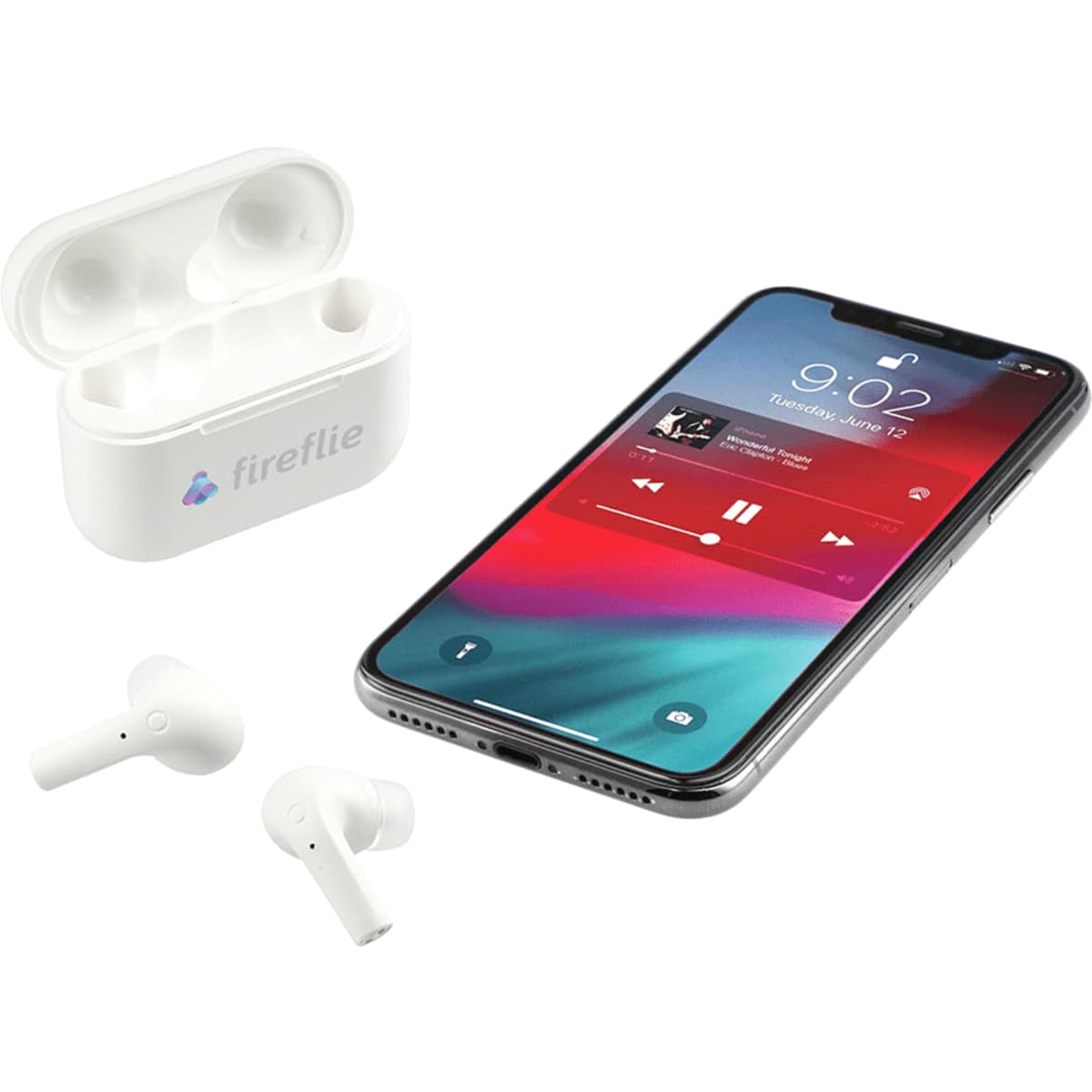 Braavos Pro True Wireless auto pair earbuds in white, alongside a smartphone displaying a music app and a charging case.