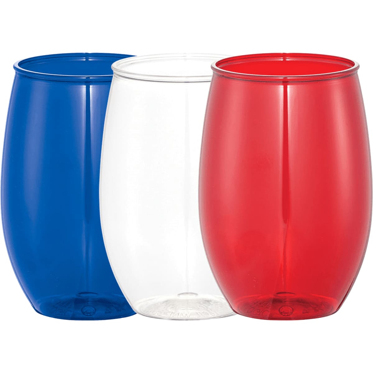 A set of three stemless wine cups in red, white, and blue, featuring a smooth, plastic design.