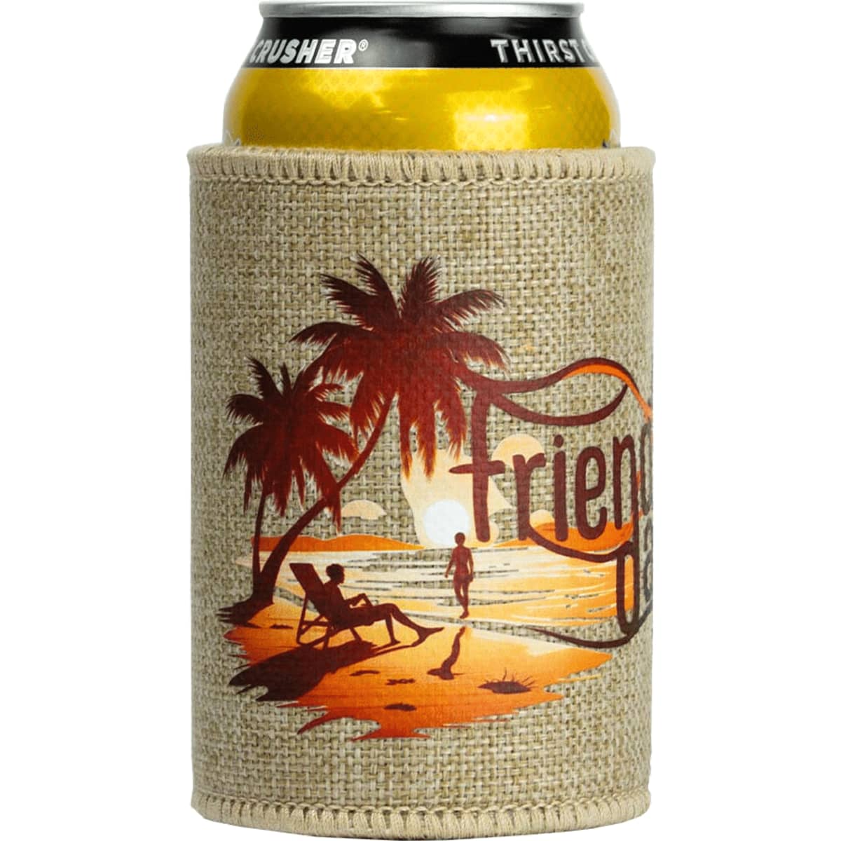 A jute stubby holder in beige with a sunset beach scene and palm trees, featuring a logo. Perfect for beverage cans.