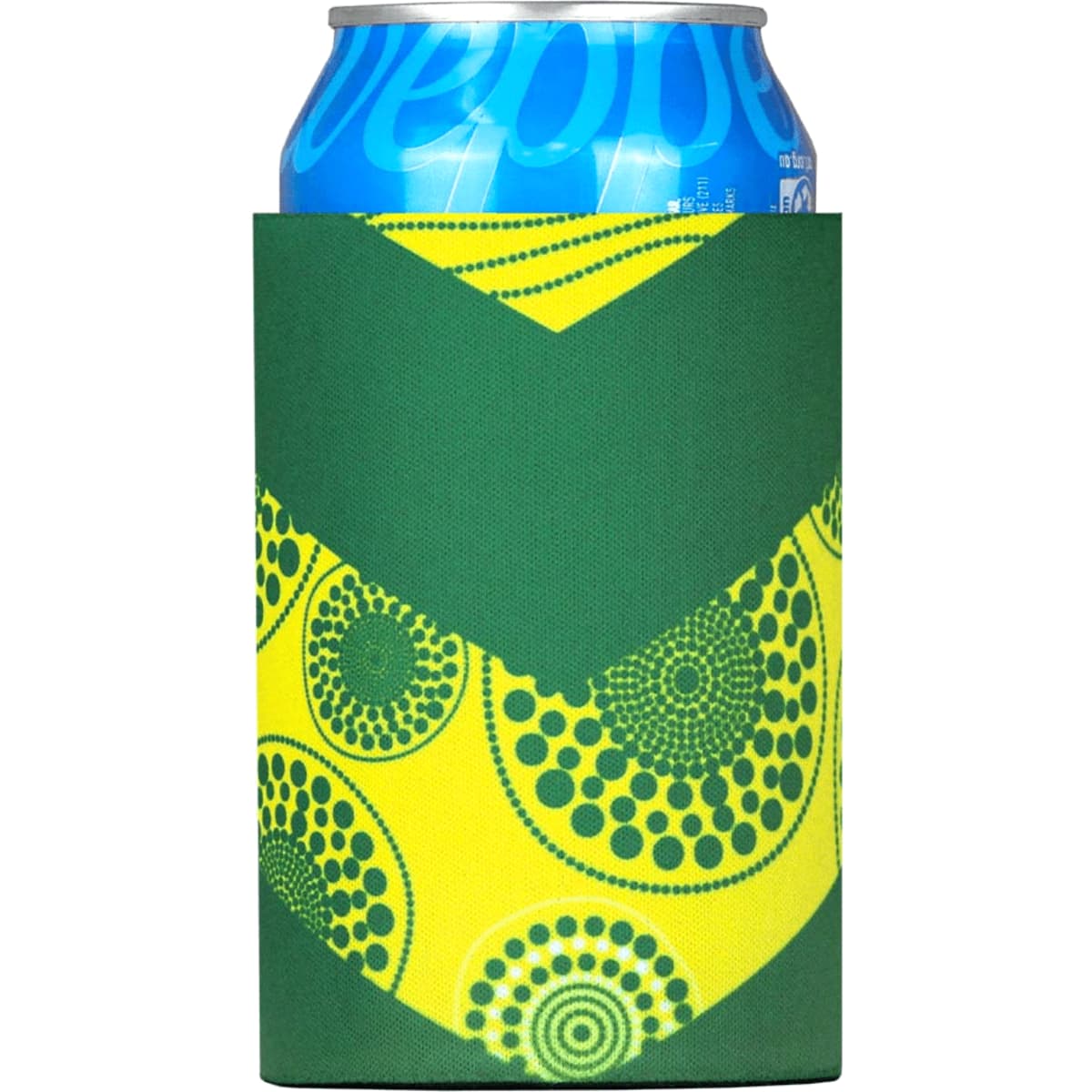 A green neoprene stubby holder with a yellow and green design, holding a can of drink.