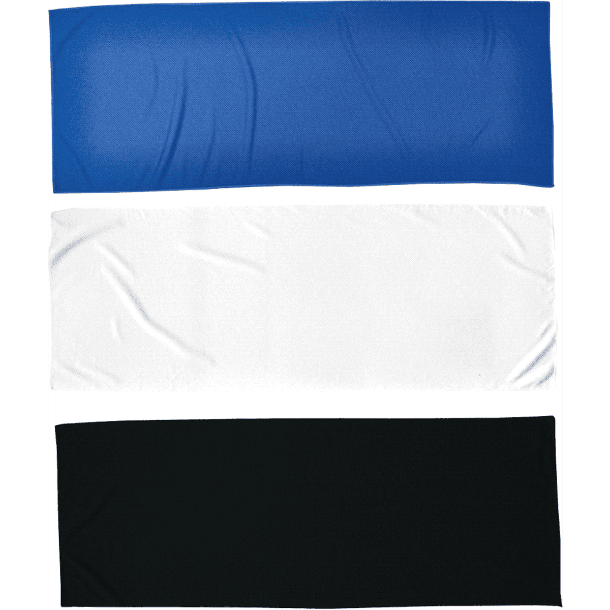 Three cooling towels in blue, white, and black, featuring a logo on one of them.