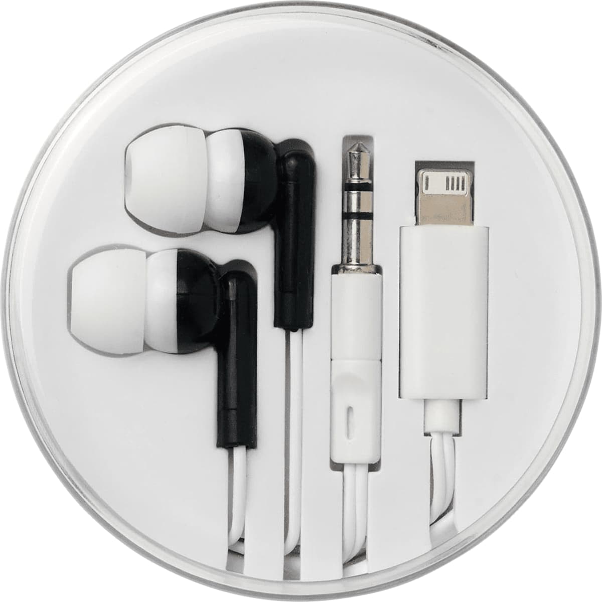 Wired earbuds with multi-tips in black and white, packaged in a clear circular case with a logo.