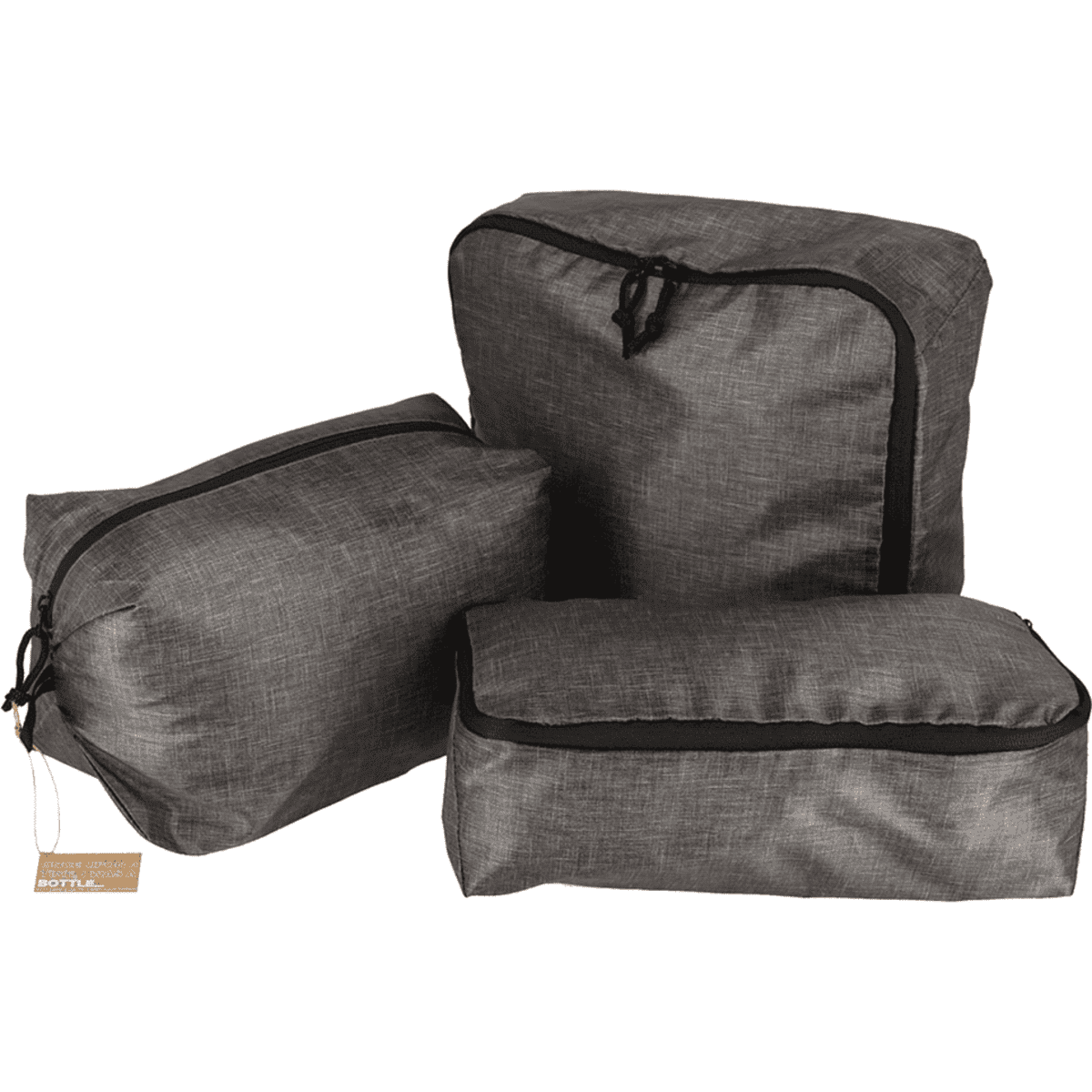 A set of three black recycled packing cubes in various sizes, featuring zippers and a textured pattern.