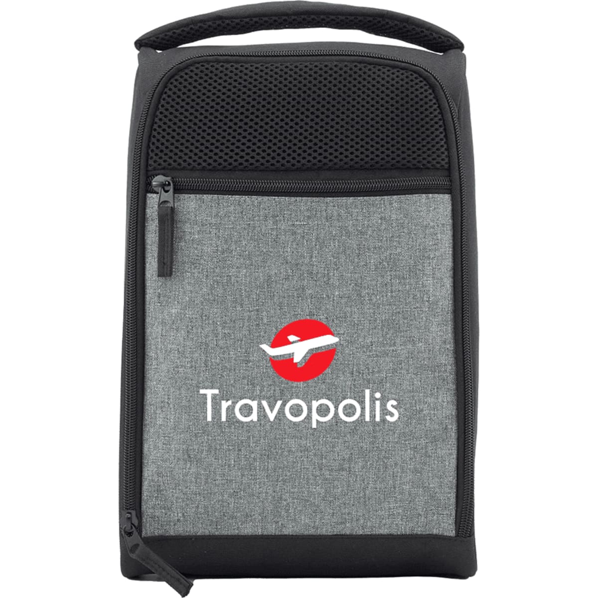A grey travel shoe bag features a mesh top and a logo. It includes a zippered compartment and a handle.