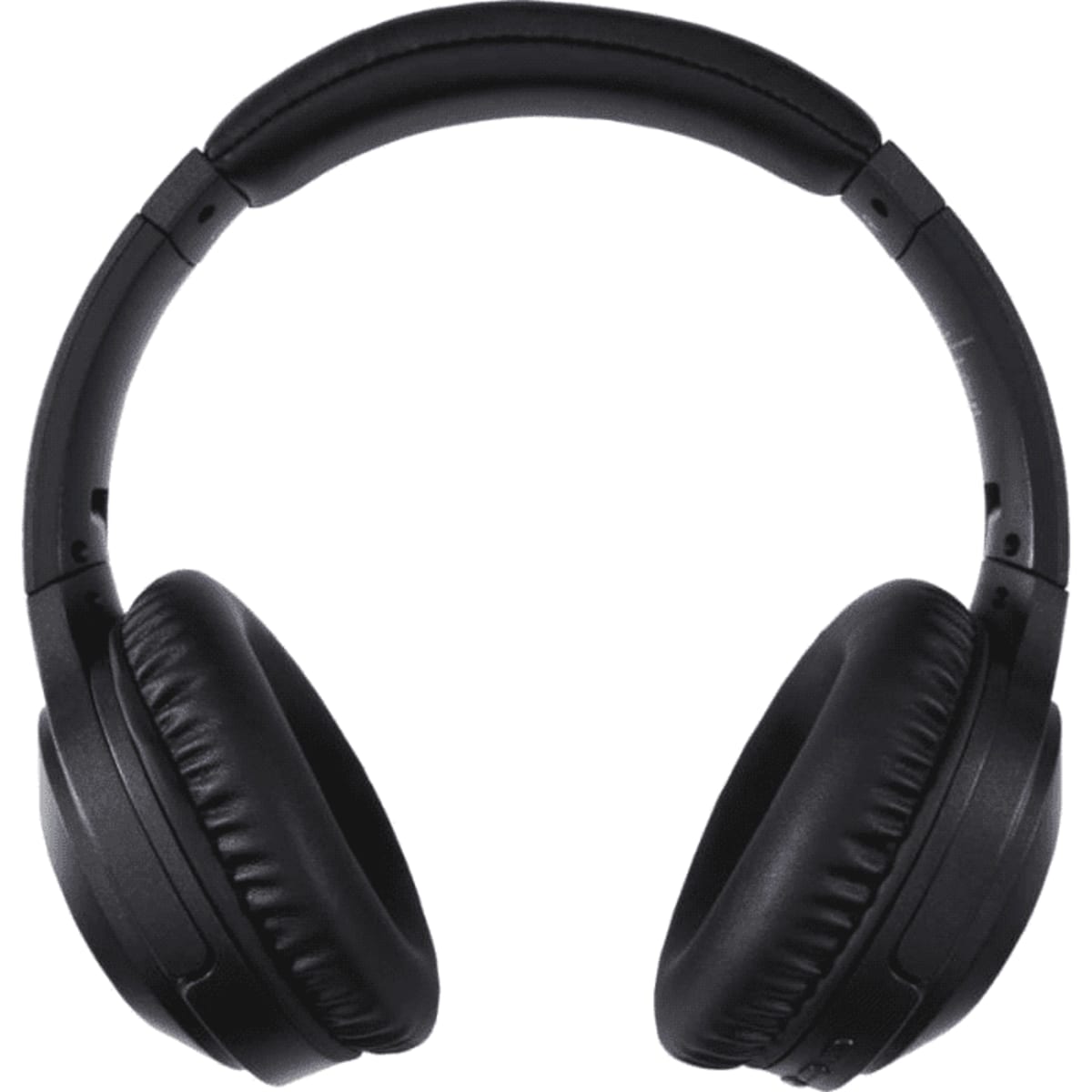 A pair of black over-ear headphones with padded ear cups and a curved headband, featuring a logo.