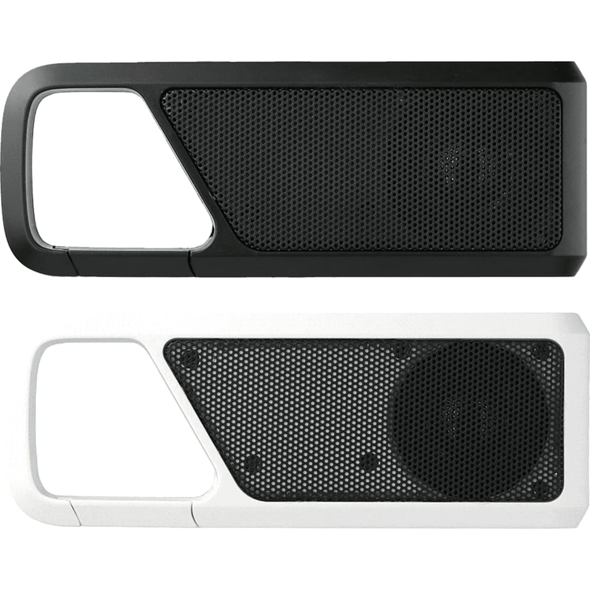 A Bluetooth speaker in black and white, featuring a mesh speaker grille and a sleek, modern design.