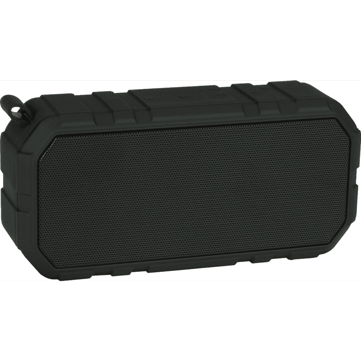A black outdoor waterproof Bluetooth speaker with a textured surface and a rugged design, featuring a logo.