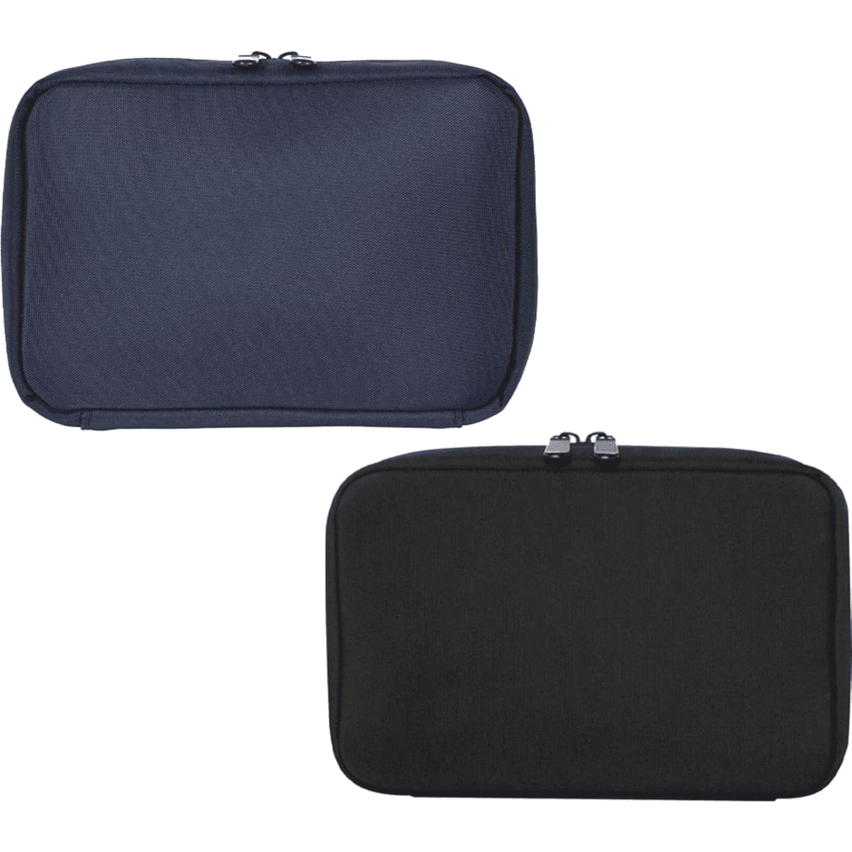 A dark navy and black recycled organiser pouch with zipper closures. The pouch features a logo.