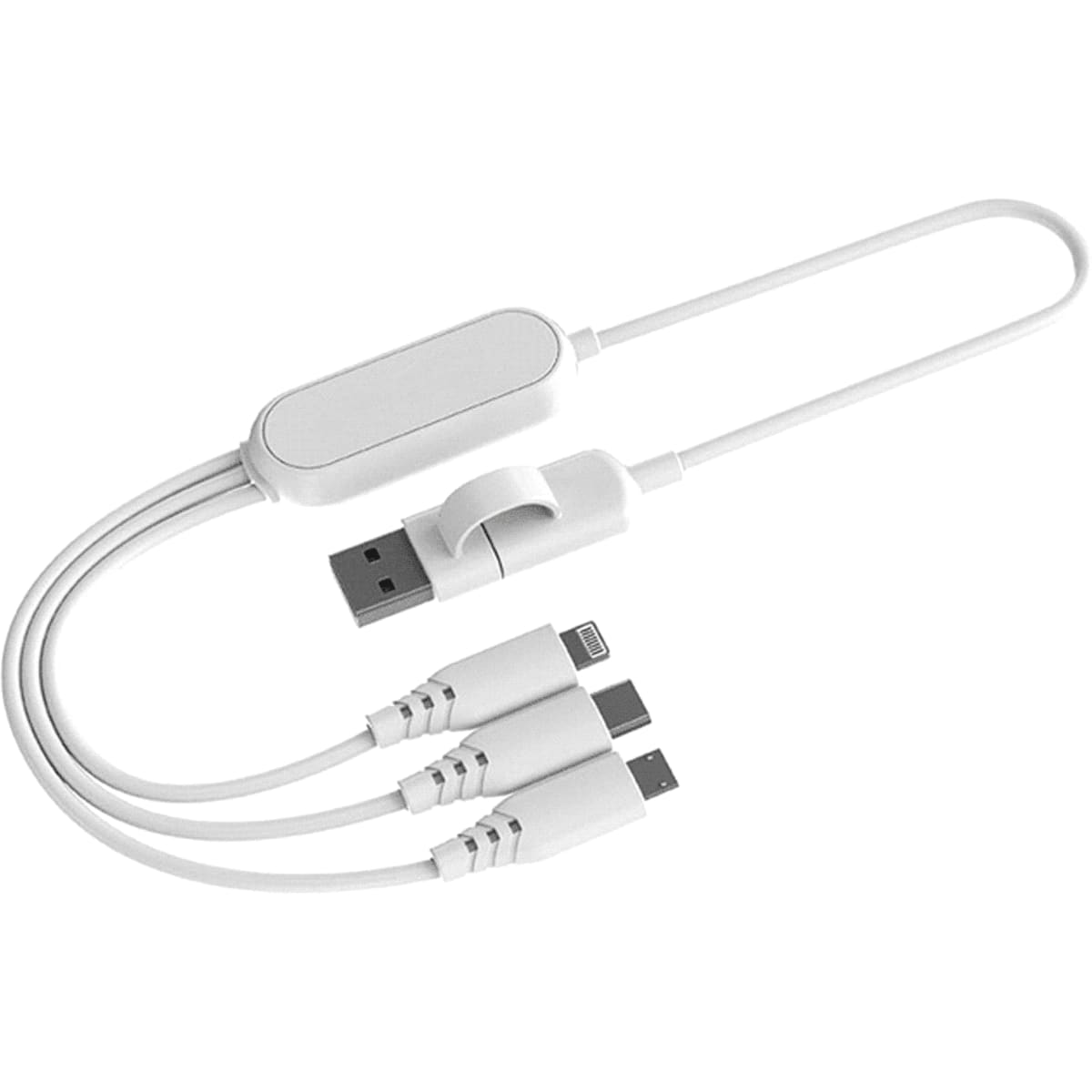 A white fast charging multi cable with one USB connector and three output connectors. It includes a cable management feature.