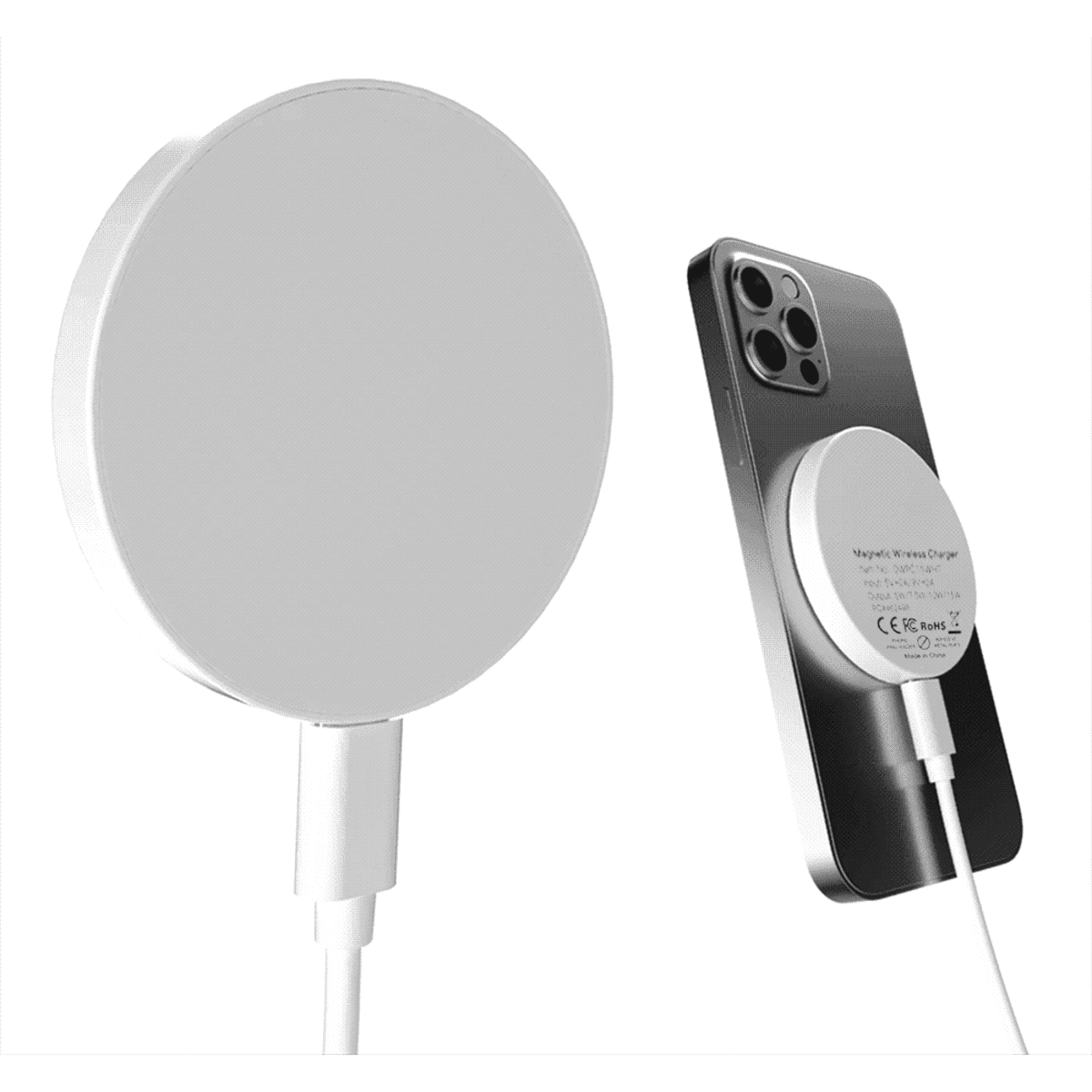 A round, white magnetic wireless charger connected to a smartphone, featuring a sleek, minimal design.