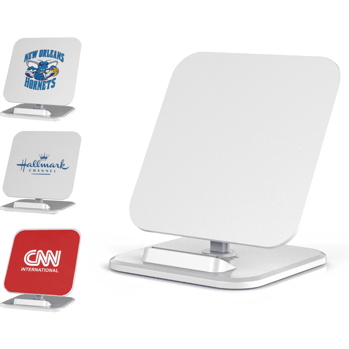 A wireless charger and stand in white and silver, featuring three different logos on the surface.