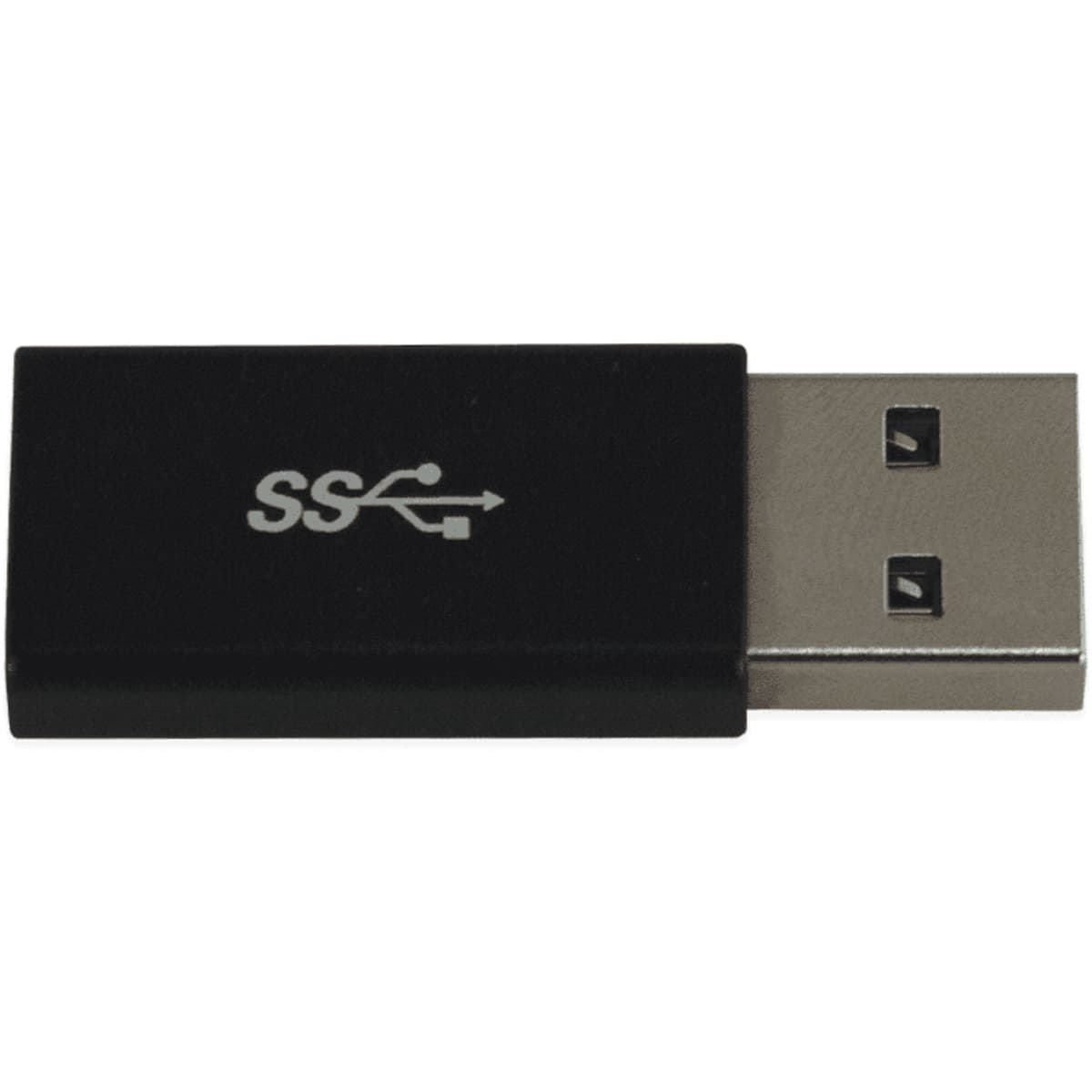 A black USB C adapter with a metallic connector and a logo on the body.