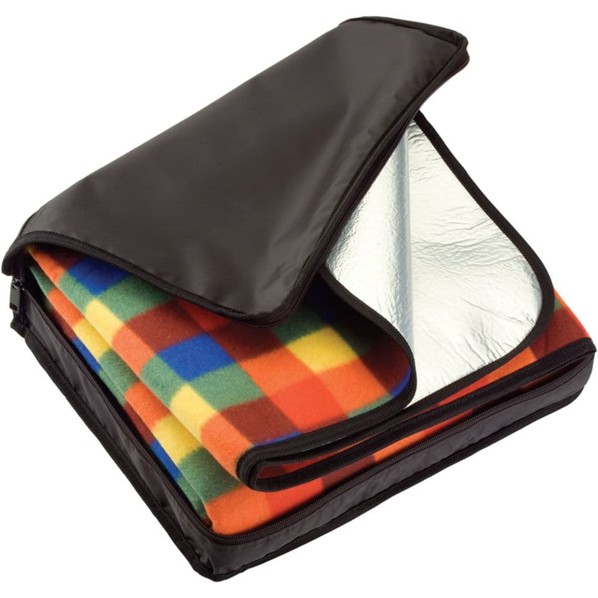 A picnic rug in a carry bag, featuring a colourful checker pattern and a reflective inner lining.