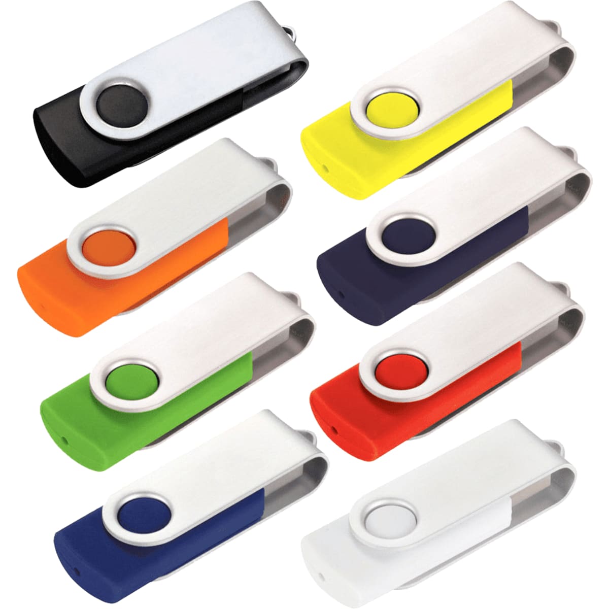 A collection of eight Rotate USB flash drives in various colours, featuring a white body and coloured accents.