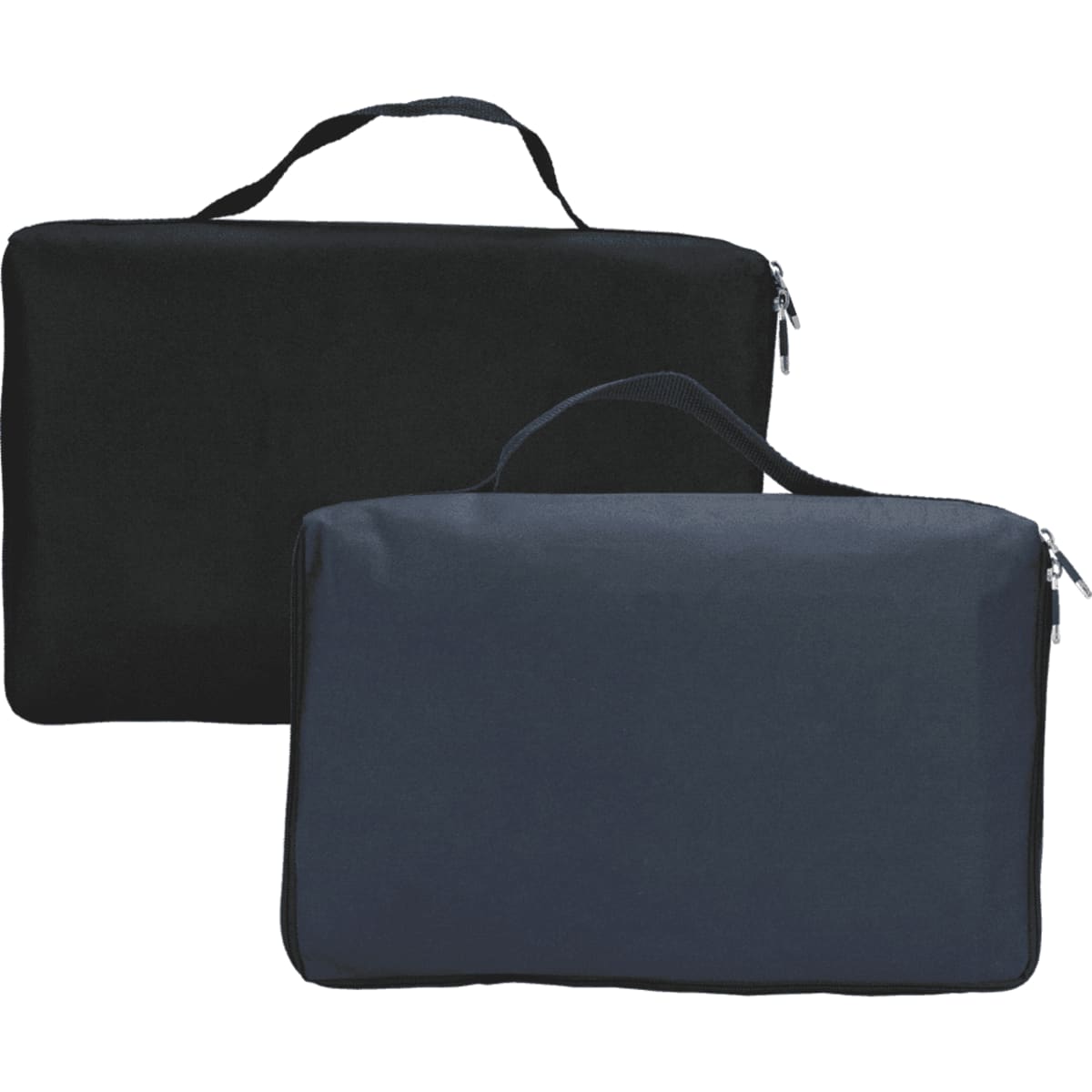 A set of two picnic rugs in black and dark navy, featuring waterproof backing and carrying handles.