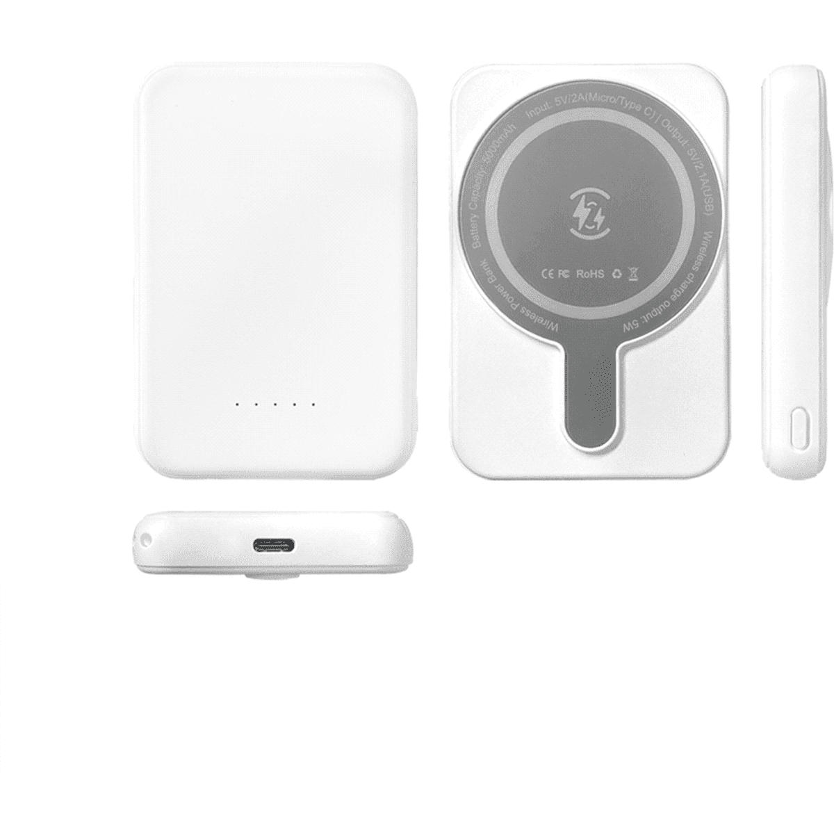 A white magnetic power bank with a circular charging area and a USB-C port, featuring a logo on the surface.