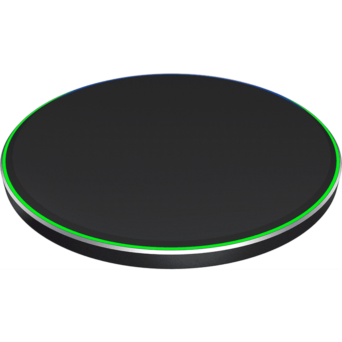 A black Qi wireless charger with a minimalistic design and a subtle multicoloured LED ring around the edge.