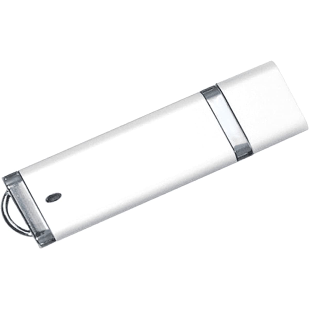 A white USB flash drive with a silver accent and a keyring attachment, featuring a branding logo.