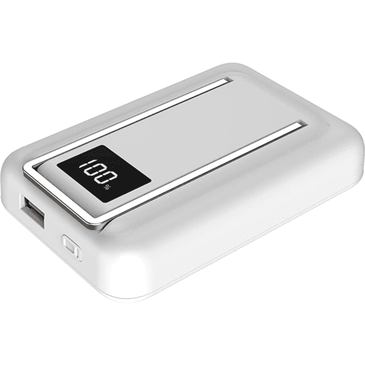 A white power bank with a phone stand, featuring a digital display for battery percentage and a USB port.