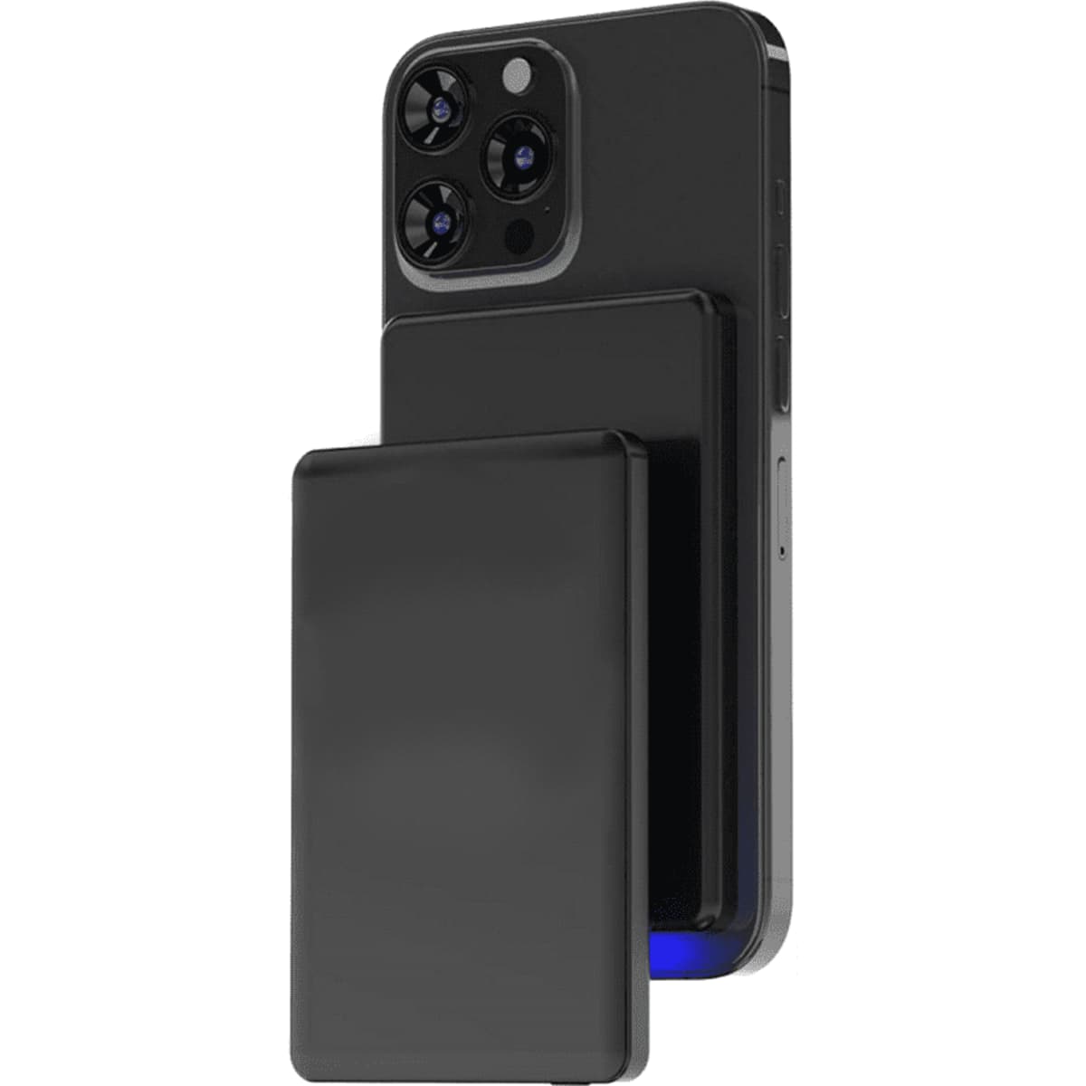 A slim black metal power bank with 5000 mAh capacity attached magnetically to a smartphone, featuring a logo.