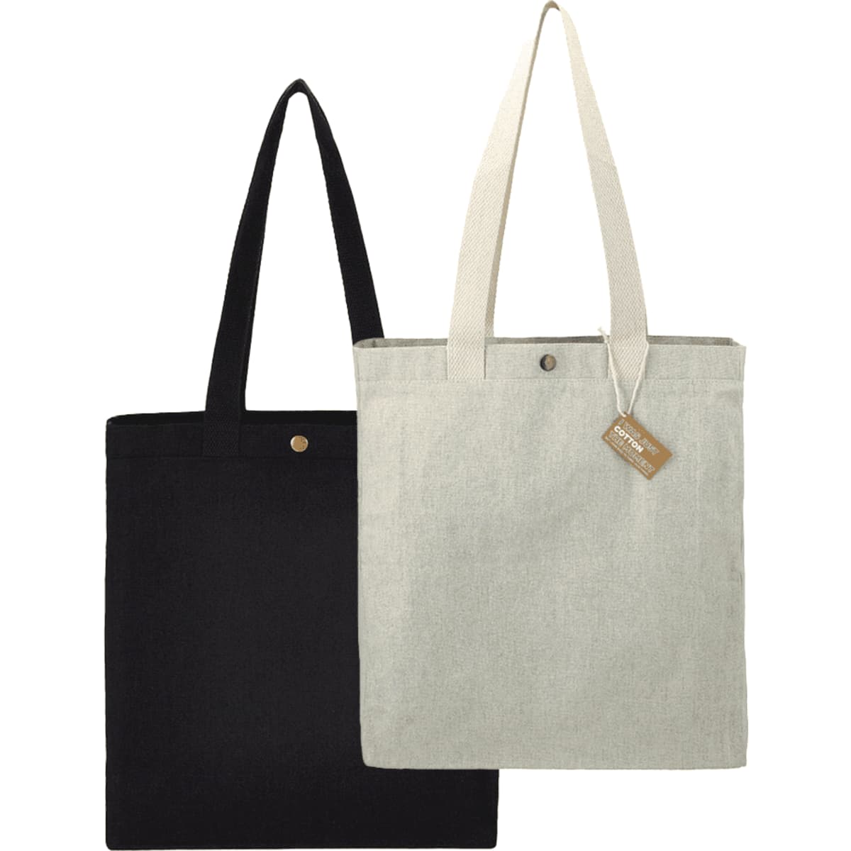 Two tote bags are displayed: one in black and one in light grey, featuring long handles and a snap closure.
