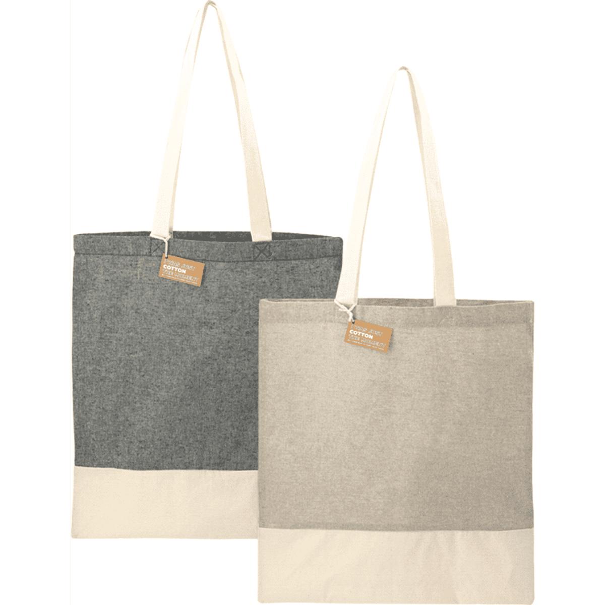 A grey and a beige tote bag made from recycled cotton twill, each featuring a branding tag.