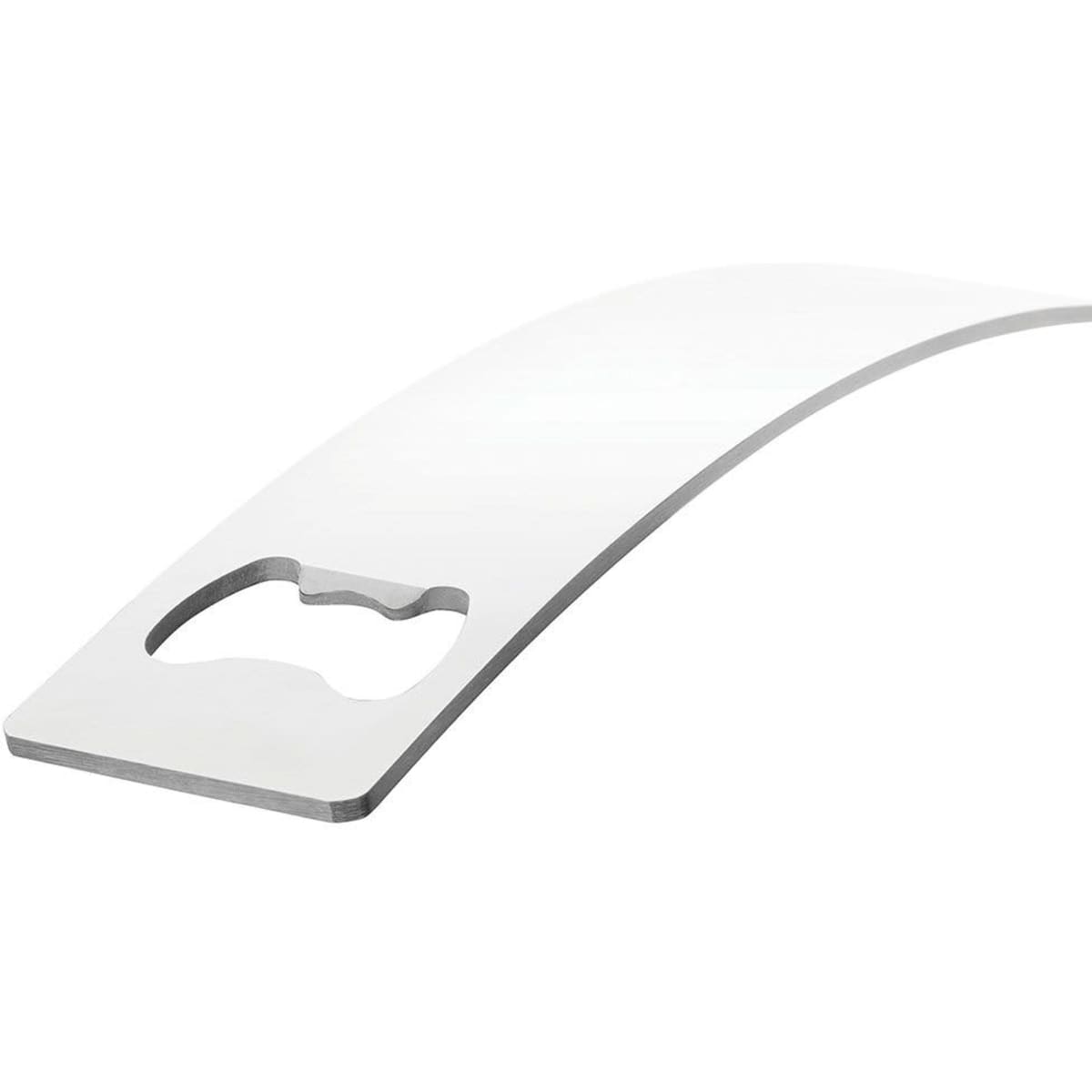 A drink bottle opener in a sleek silver finish with a curved design and a bottle-cap-shaped cutout. It features a logo.