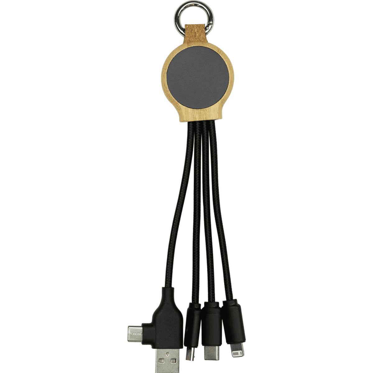 A 16.5cm recycled charging cable featuring multiple connectors in black, with a wooden circular attachment at the top.