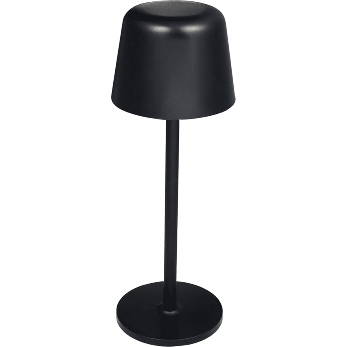 A black recycled mini rechargeable lamp with a cone-shaped shade and a circular base.