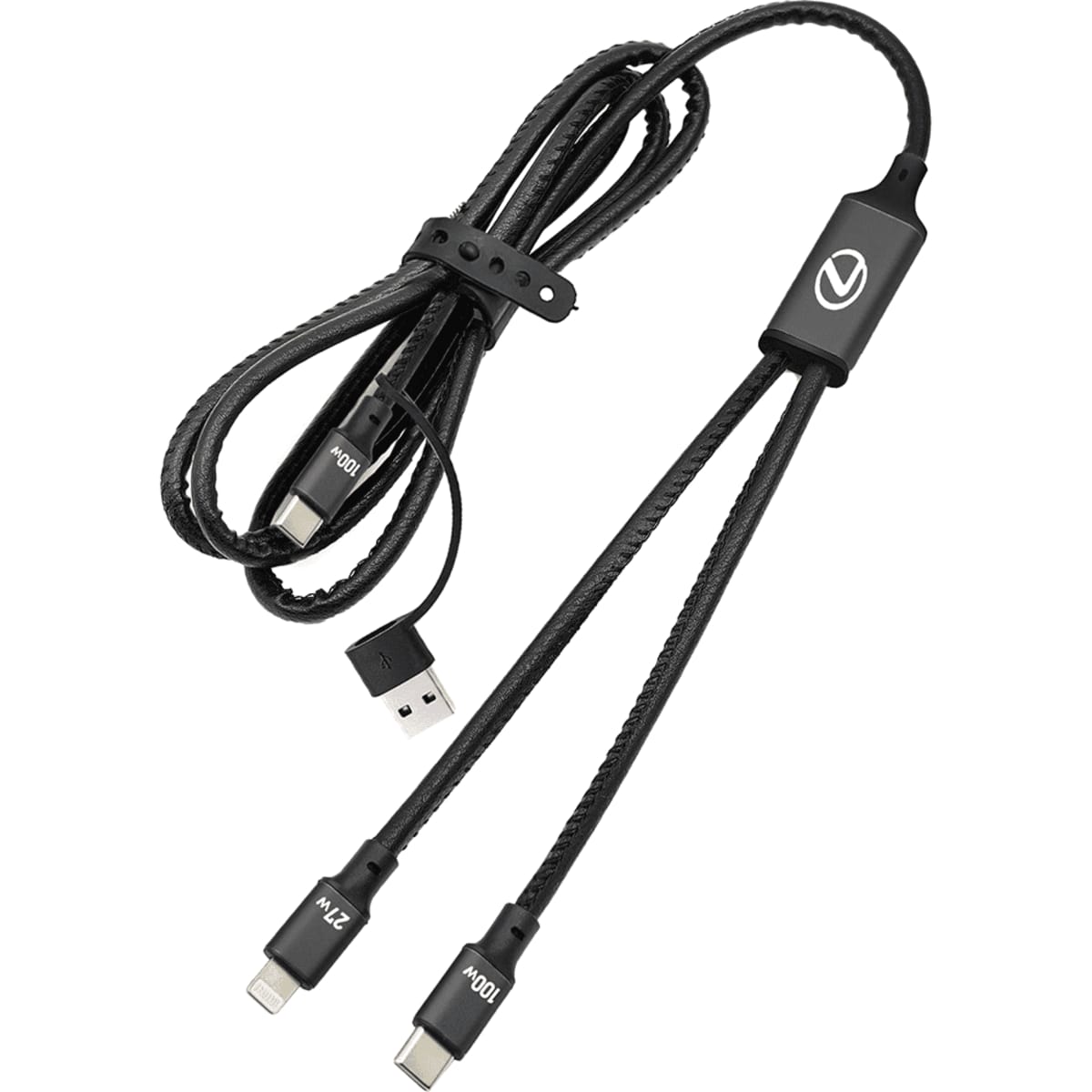 A 120cm black 4 in 1 charging and data transfer cable with multiple connectors and a logo.