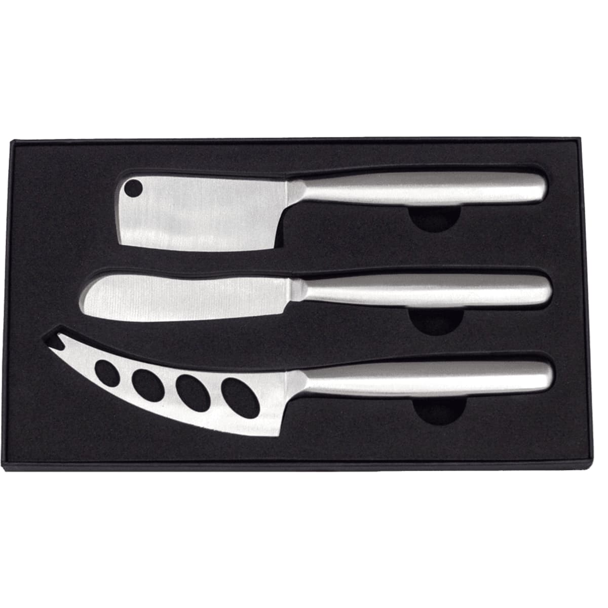 A stainless steel cheese knife set featuring three knives in a sleek black box.