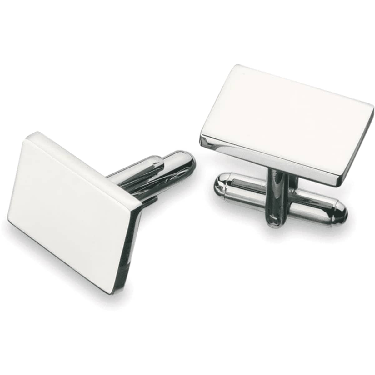 A pair of plain rectangular cufflinks in silver with a white finish. They feature a logo on one side.