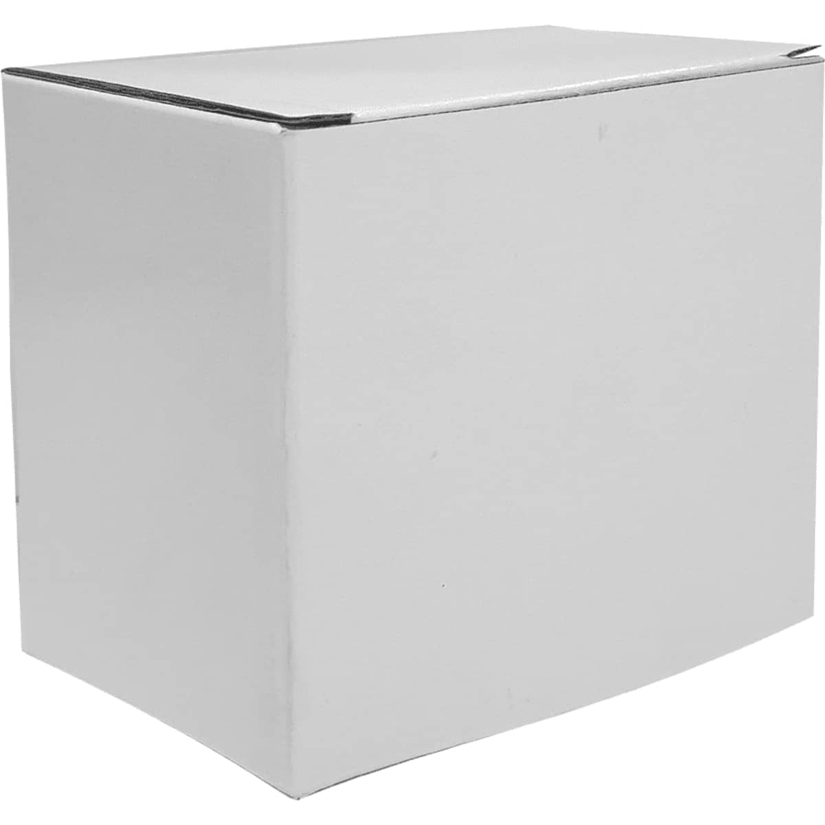 A white standard box with a lid, made from sturdy packaging material, featuring a logo on one side.