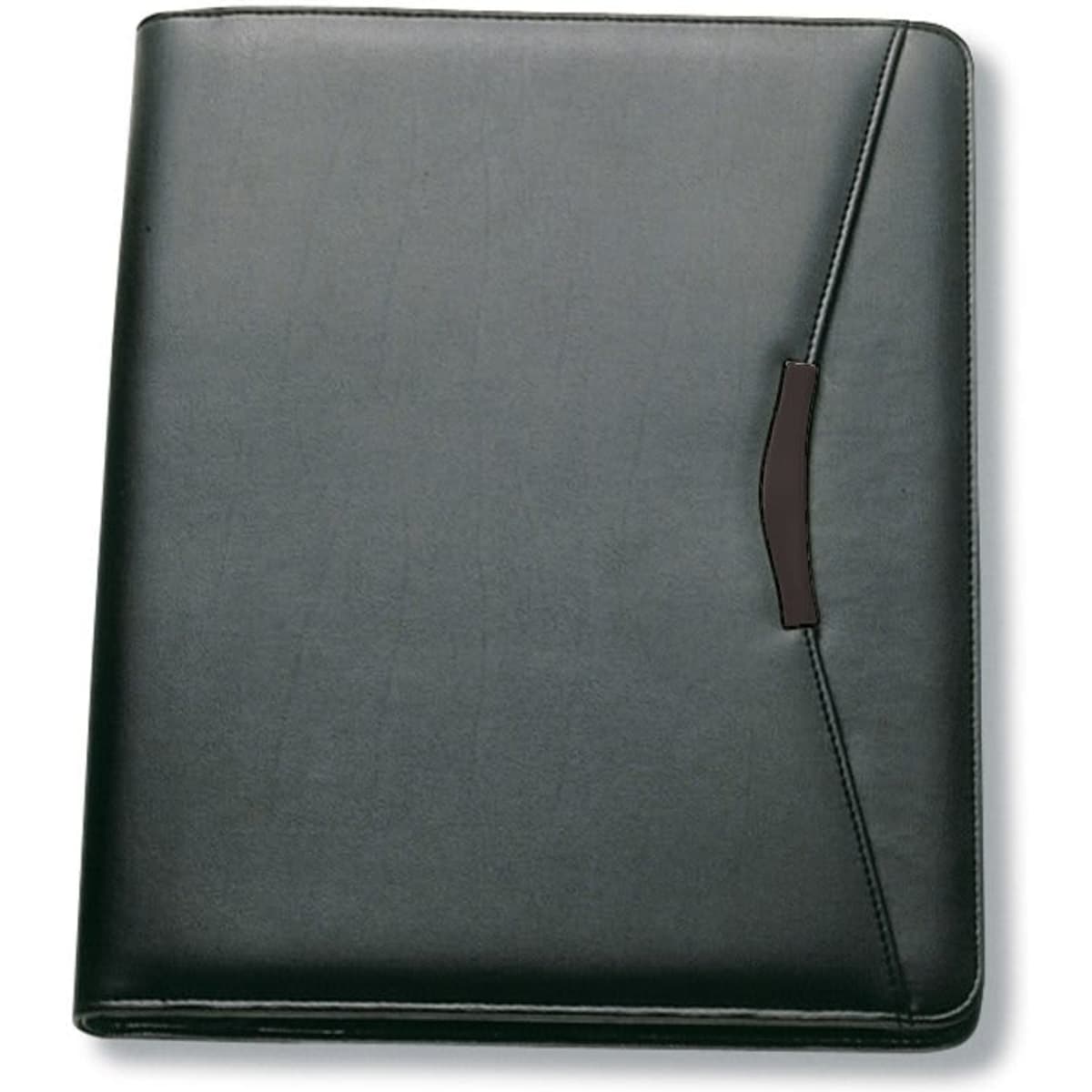 A green imitation leather A4 zippered compendium with a sleek design and a decorative black accent.