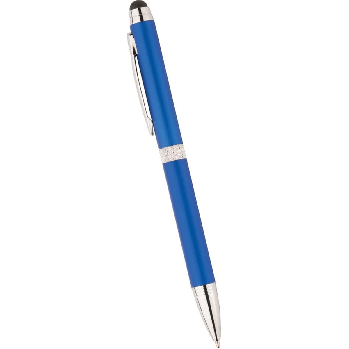 A blue metal pen with a silver accent and a stylus tip, featuring a sleek design and a clip.