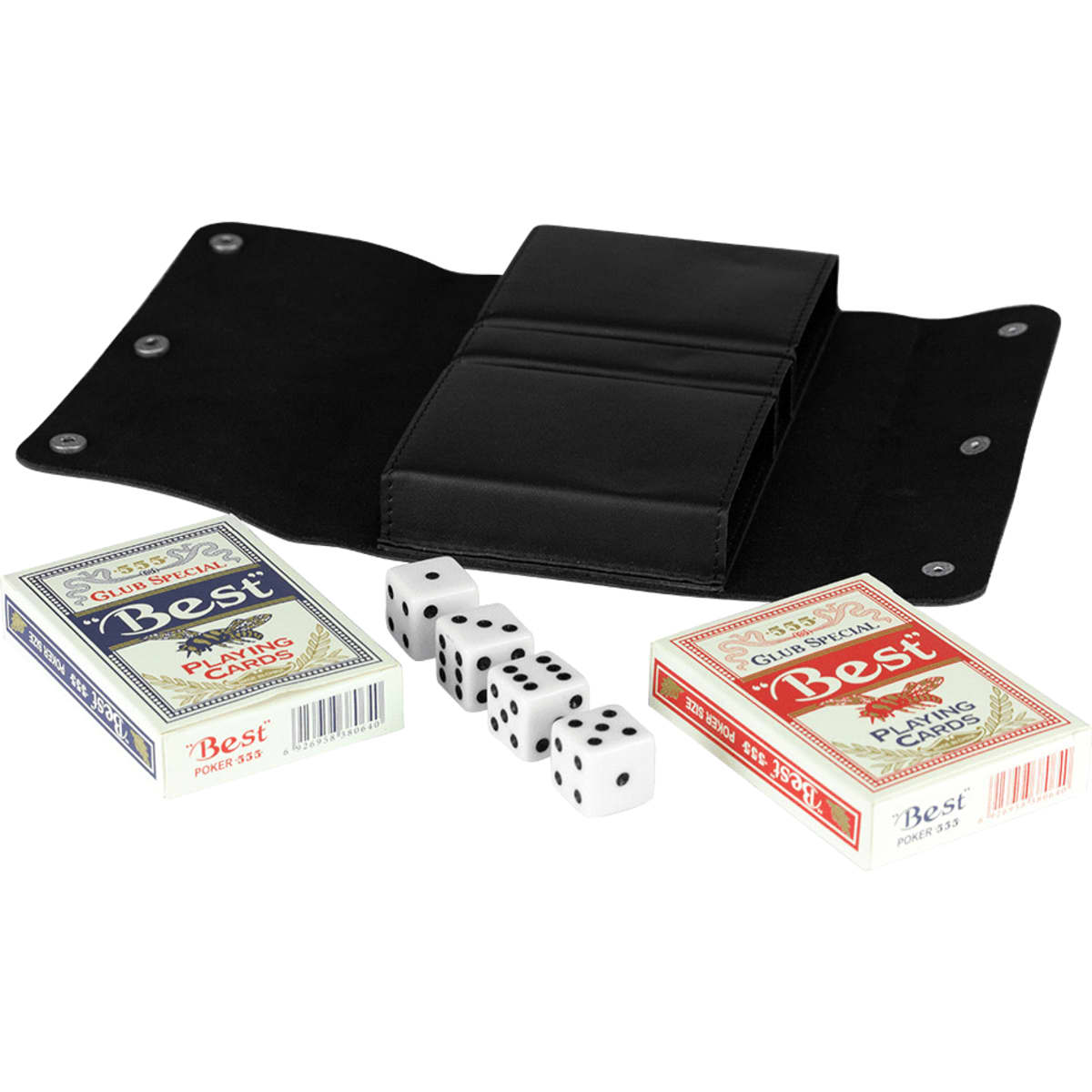 A black leather cover containing two decks of playing cards and five white dice.