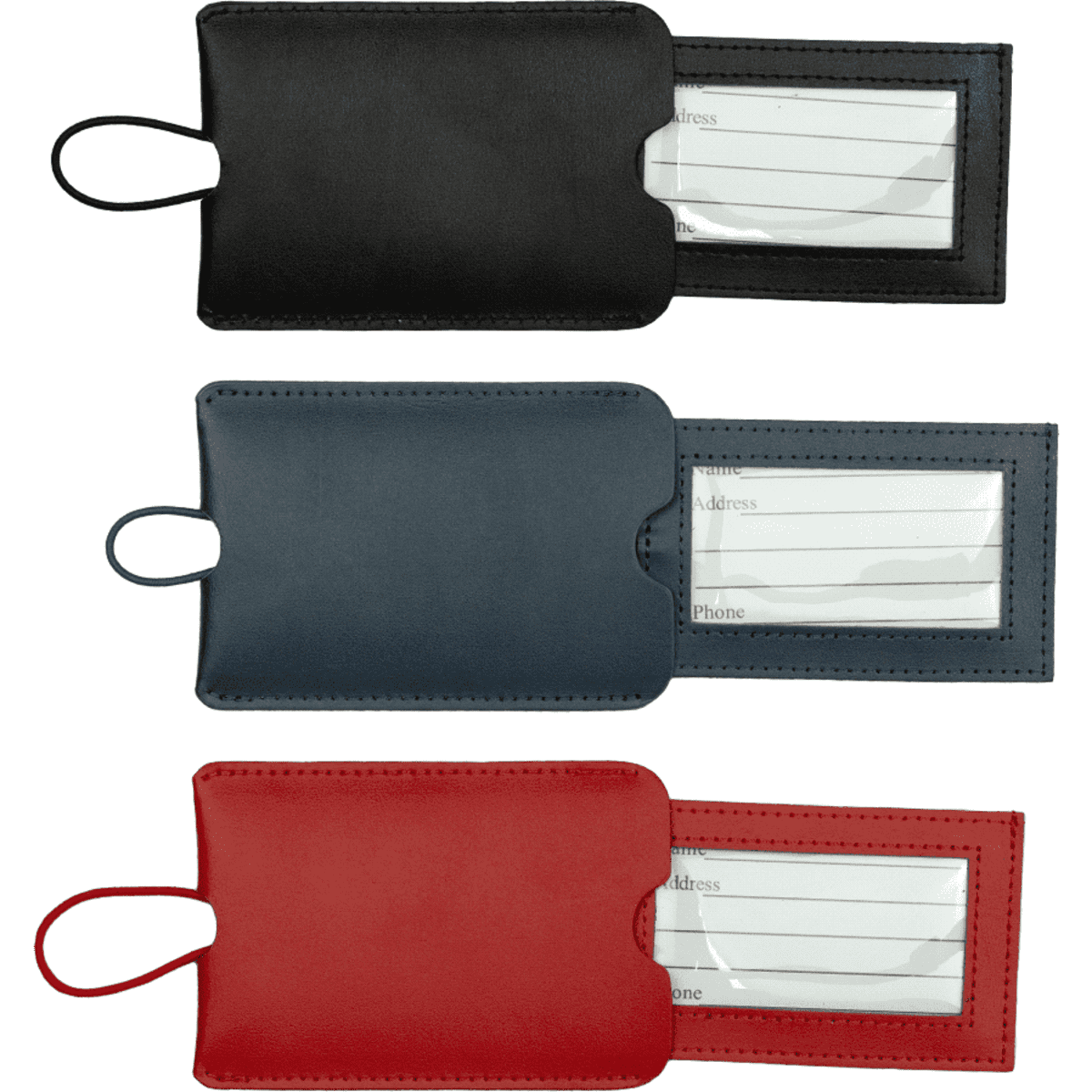 A set of pull-apart leather luggage tags in black, navy, and red, each with a clear window for information.
