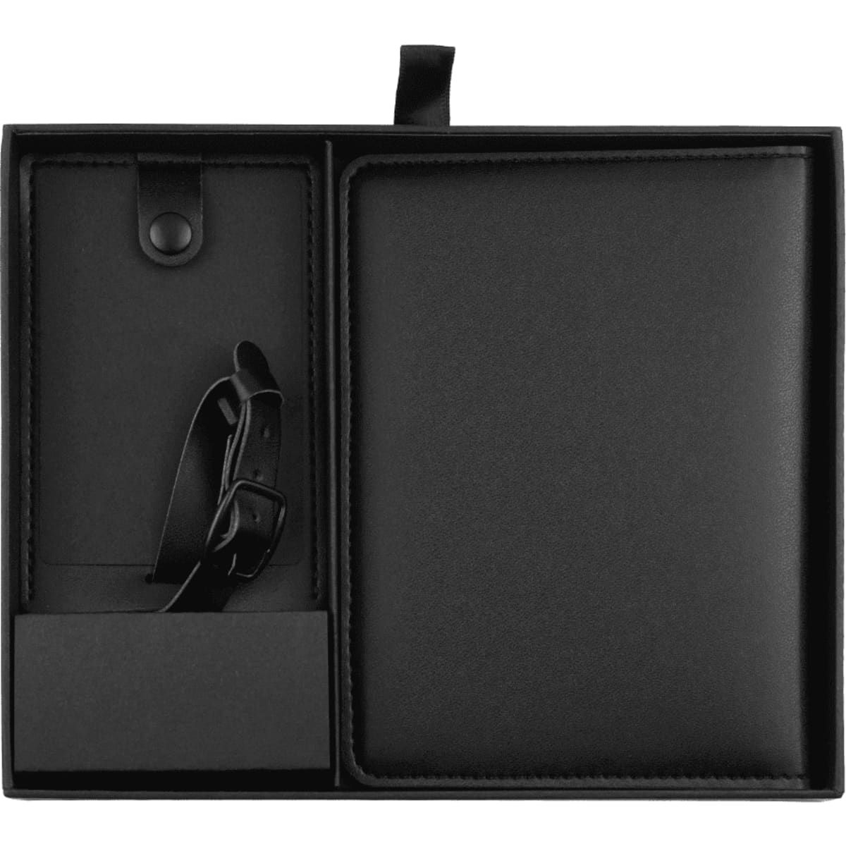 A black travel gift set including a notebook, strap, and cardholder, all in a sleek presentation box with a logo.