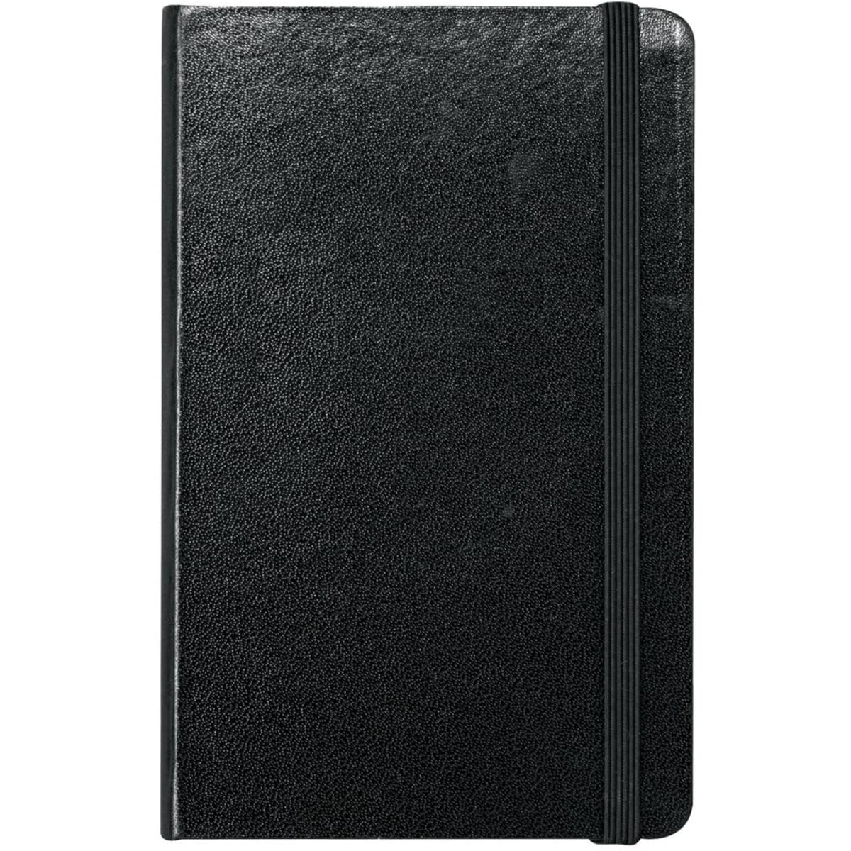 A black pocket-bound journal with a textured cover and an elastic band closure. Contains a logo on the front.