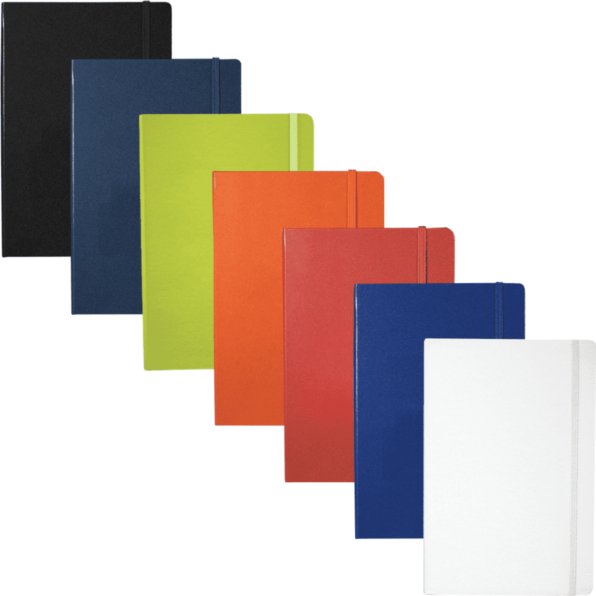 A collection of Ambassador Bound JournalBooks in various colours: black, blue, green, orange, red, white, and navy.