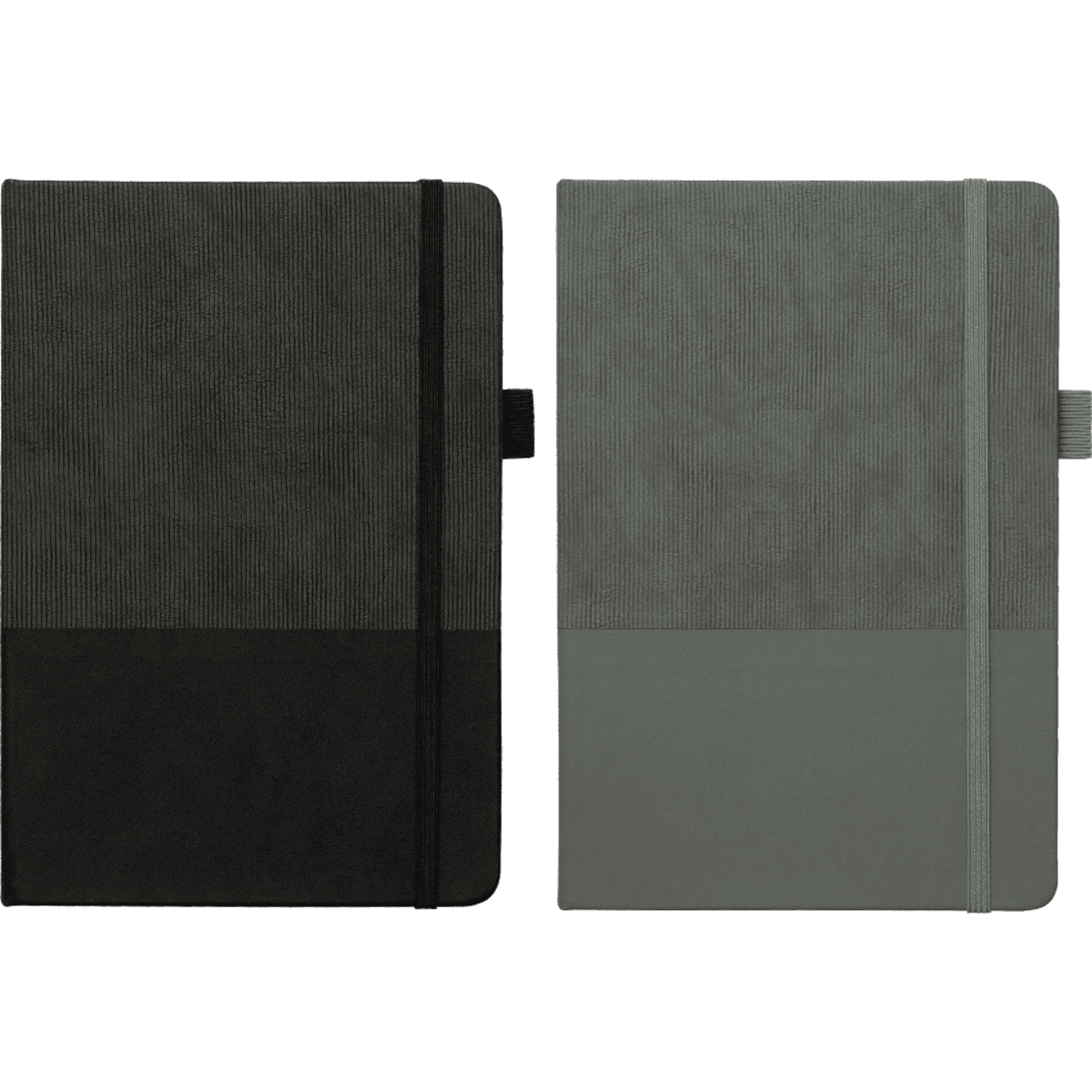 A5 thermo notebook with a recycled paper cover, featuring a black and grey design, and an elastic band closure.