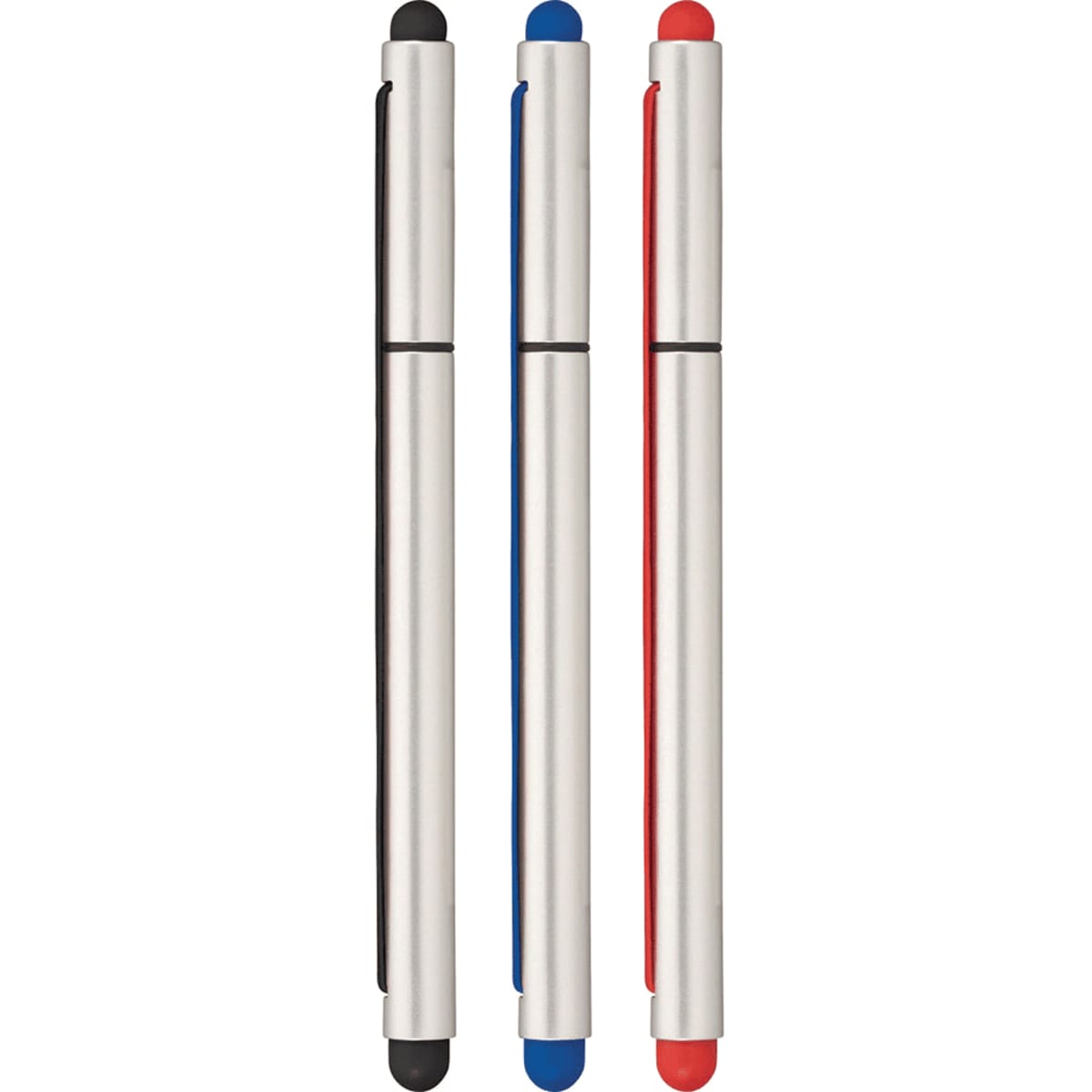 A set of three stylus pens in black, blue, and red, featuring a metallic silver body and a logo.