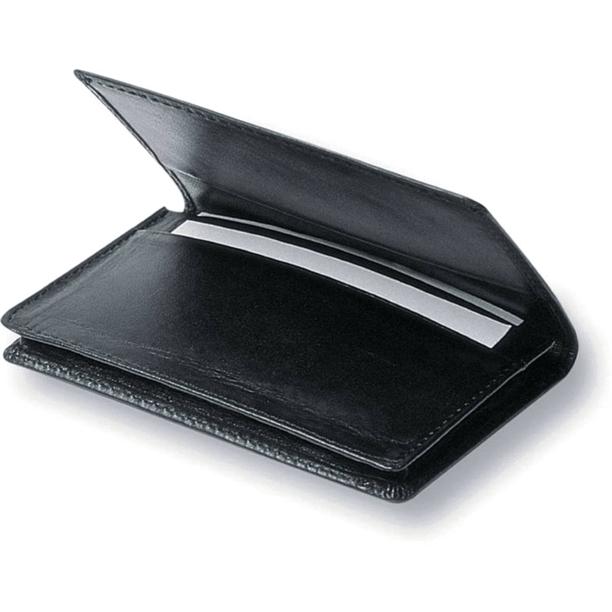 A black business card holder with an open design and a slot for holding cards. It features a sleek and professional look.